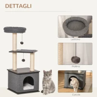 PawHut Albero Tiragraffi per Gatti con Casetta, Lettino e Pali in Sisal, 40x40x104cm, Grigio(m-6)