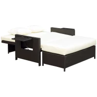 Outsunny Canapé-lit de jardin modulable en résine tressée bain de soleil 2 places dossier inclinable tablettes rétractables coussins intégrées crème + repose-pieds avec coffre de rangement chocolat(m-10)