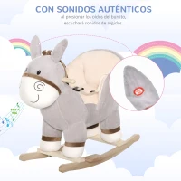 HOMCOM Caballito Balancín Infantil en Forma de Burro de Felpa para Bebés 18-36 Meses con Sonido y Cinturón 61x34x58 cm Gris(m-6)
