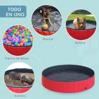 PawHut Piscina Plegable para Perros Gatos Ø160x30 cm Bañera Portátil para Mascotas PVC Antideslizante Múltiples Usos para Interiores y Exteriores Rojo(m-7)