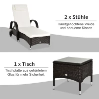 Outsunny 3er-Sonnenliegen-Set, 2x Gartenliege mit Beistelltisch, inkl. Liegeauflagen, Polyrattan, Braun+Cremeweiß(m-6)