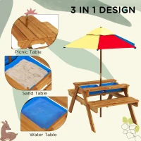 Outsunny Kids Picnic Table Set, 3 in 1 Sand Pit Activity Table, Kids Garden Furniture w/ Removable Parasol, for 3-6 Years(m-4)