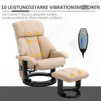 HOMCOM Relaxsessel mit Hocker, drehbarer Fernsehsessel mit Massagefunktion, Liegefunktion, Massagesessel mit Fernbedienung, Seitentasche, Ruhesessel aus Kunstleder für Wohnzimmer Cremeweiß(m-4)