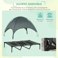 PawHut Lit chien sureleve avec parasol, lit de camp chien chat sur pieds tissu Oxford respirant, anti-UV cadre en métal sac de transport inclus couchage extérieur pour chat 122 x 92 x 108 cm gris noir(m-5)