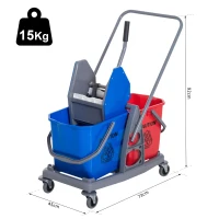 HOMCOM Chariot de lavage chariot de nettoyage professionnel presse à mâchoire 2 seaux 25 L 73L x 45l x 92H cm plastique gris bleu rouge(m-3)