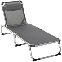 Outsunny Bain de soleil chaise longue pliante avec appuie-tête, transat inclinable en aluminium et textilène, transat jardin extérieur pour plage relax camping piscine terrasse, 165x60x76cm, gris(m-10)