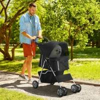 PawHut Carrito para Perros Pequeños con Toldo Ajustable Cesta de Almacenaje Portavasos y Ruedas 75x45x97 cm Negro(m-2)