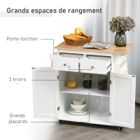 HOMCOM Desserte de cuisine ilôt cuisine avec plan de travail étagère range-bouteilles porte-torchons 2 tiroirs placard 2 portes MDF blanc hévéa(m-4)