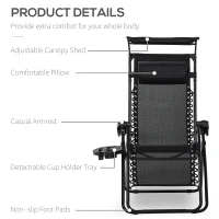 Outsunny 2 Piece Foldable Reclining Garden Chair with Headrest, Zero Gravity Deck Sun Lounger Seat Chair with Footrest, Armrest, Cup Holder & Canopy Shade, Black(m-4)