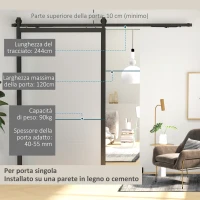 HOMCOM Kit Porta Scorrevole 90kg max Salvaspazio in Acciaio al Carbonio con Accessori 244x0.5x4 cm, Nero(m-5)