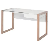 HOMCOM Bureau Informatique Table de Travail Ordinateur avec Grand Plateau en Verre Trempé et Tiroir Intégré Idéal pour Bureau Chambre 120 x 60 x 75 cm Blanc et Bois(m-10)