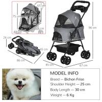PawHut Dog Stroller with Rain Cover, Dog Pushchair One-Click Fold Trolley Jogger with EVA Wheels Brake Basket Adjustable Canopy Safety Leash for Small Dogs, Grey(m-3)
