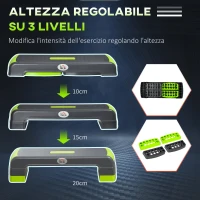 HOMCOM Step Fitness per Aerobica Regolabile su 3 Altezze 10-15-20 cm in Plastica, Verde e Grigio(m-5)
