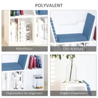HOMCOM Bibliothèque banc 2 en 1 avec coussins de siège, étagère cube 6 compartiments ouverts et 2 niveaux, meuble de rangement pour salon, chambre à coucher, bureau, 102 x 30 x 61 cm, bleu(m-5)