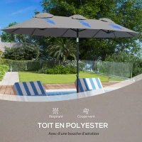 Outsunny Parasol de jardin double grande taille ouverture fermeture manivelle acier polyester 295 x 152 x 222 cm gris(m-7)