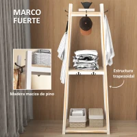 HOMCOM Perchero de Pie con 3 Estantes Perchero para Ropa con 6 Ganchos y Estantes de Almacenaje 61x41x165 cm Natural y Blanco(m-5)