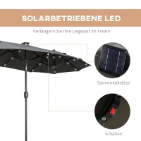 Outsunny Doppelschirm, Terrassenschirm, neigbar, mit Solarpaneel, 35 LEDs, Stahlrahmen, grau, 2,92 x 1,50 x 2,18 m(m-4)
