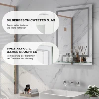 kleankin Badezimmerspiegel mit LED-Beleuchtung, 3 Lichtfarben, Antibeschlag-Funktion, verkabelt, 70 x 50 cm(m-8)