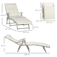 Outsunny Sun Lounger Steel Frame Outdoor Folding Chaise Texteline Lounge Chair Recliner with Headrest & 7 Levels Adjustable Backrest, Cream White(m-3)
