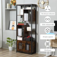 HOMCOM Mobile Libreria Scaffale in Stile Industriale con Armadietto a 2 Ante, Scaffale Salvaspazio a 8 Ripiani per Casa e Ufficio, 70x30x180cm, Marrone(m-7)