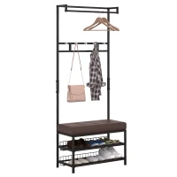 HOMCOM Garderobenständer Kleiderständer mit 5 Haken und Schuhbank mit 2 Ebenen Garderobe aus Metall für Flur, Schlafzimmer, 72,5 x35 x 180cm(m-10)