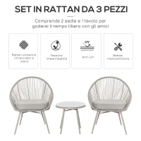 Outsunny Set da Giardino in Rattan Sintetico Stile Boho con Tavolino e 2 Sedie, Bianco Crema(m-4)
