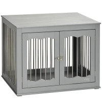 PawHut Dog Crate End Table Furniture Style Dog Cage w/ Three Doors, Locks and Latches - Grey(m-1)