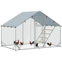 PawHut Gallinero Metálico de Exterior de 3x2m con Percha Multiusos Comedero Colgante Tipo Brocheta y Lona Protectora Resistente(m-1)