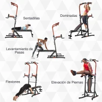 HOMCOM Estación de Musculación Torre de Entrenamiento con Altura Ajustable y Respaldo Regulable en 5 Posiciones Barra de Dominadas Fitness Flexiones Acero 108x178x202-238 cm Negro(m-7)