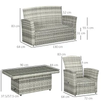 Outsunny Set da Giardino 4pz in Rattan Grigio con Tavolo ad Altezza Regolabile, 2 Poltrone Reclinabili e Divano 2 Posti(m-3)