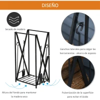 HOMCOM Estante de Leña para Chimenea 46x30x76 Soporte para Leña cm con 4 Herramientas Incluidas Marco de Acero Estable Carga 100 kg para Exterior e Interior Negro(m-5)