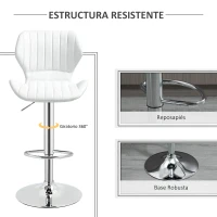 HOMCOM Juego de 2 Taburetes Altos de Cocina y Giratorio Taburetes Altos de Cuero Sintético con Respaldo y Estructura de Metal 47x51,5x92-114 cm Blanco(m-6)