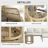 Outsunny Conjunto de Muebles de Jardín Exterior de Ratán con Sofá de 2 Plazas Chaise Longue Cojines y Mesa Auxiliar Crema(m-6)