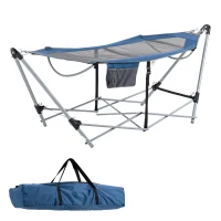 Outsunny Hamaca de Jardín con Soporte Plegable con Cama de Tela Oxford y Malla Transpirable Bolsillo de Almacenaje y Portátil con Bolsa 235,5x82x90,5 cm Azul y Plata(m-1)