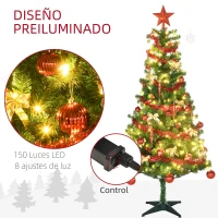 HOMCOM Árbol de Navidad Artificial de 480 Ramas con 150 Luces LED con 8 Modos y 100 Decoraciones Acero Ø86x180 cm Verde(m-5)
