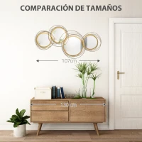 HOMCOM Decoración de Pared de Metal 3D de Espejos Redondos Adorno Metálico para Salón Dormitorio Comedor 107x56cm Dorado(m-7)