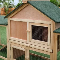 PawHut Conejera de Exterior Grande Jaula de Madera para 2-4 Conejos con Techo Asfáltico Recinto de Alambre Bandeja Extraíble y Rampas 210x45,5x84,5 cm Natural y Verde(m-8)