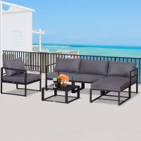 Outsunny 6 PCs Outdoor Indoor Sectional Sofa Set Thick Padded Cushions Aluminium Frame 5 Seaters 1 Coffee Table Footrest Grey(m-2)