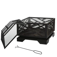 Outsunny Metal Firepit Outdoor 2 in 1 Square Fire Pit Brazier w/ Grill Shelf, Lid, Poker for Backyard, Camping, BBQ, Bonfire, Wood Burning Stove, 66 x 66 x 66cm, Black(m-1)