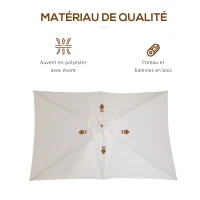 Outsunny Parasol Droit parasol de jardin rectangulaire double toit Bois Polyester Haute densité 3 x 2 m crème(m-7)