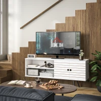 HOMCOM TV Stand with Cupboard, Open Shelves, Striped Doors, Wooden legs, White(m-10)