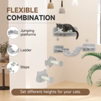 PawHut 4-Piece Cat Wall Shelves with Steps, Ladder, Jumping Platforms, Light Grey(m-5)