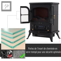 HOMCOM Cheminée électrique poêle style rétro thermostat 900-1800 W minuterie et télécommande noir(m-7)