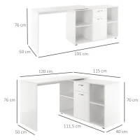 HOMCOM Eckschreibtisch Esstisch Computertisch Bürotisch Winkelschreibtisch Regal L-Form 120 x 115 x 76 cm, I-Form 191 x 50 x 76 cm, Weiß, MDF+Metall(m-3)