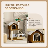 PawHut Árbol Rascador para Gatos con Caseta Plataformas Poste en Forma de Palmera y Bolas Colgantes 55x40x89 cm Marrón(m-4)