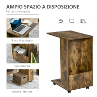 HOMCOM Tavolino da Salotto e Comodino Design a C con Mensola e Vano Laterale, Ruote con Freno, Legno Marrone Rustico, 60x40x76cm(m-5)