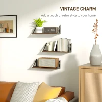 HOMCOM Set of 3 Wall Shelves, 43cm Vintage Wall Mounted Floating Shelves for Living Room, Entryway, Bedroom, Rustic Brown(m-6)