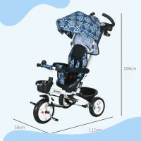 HOMCOM Metal Frame 6 in 1 Baby Push Tricycle with Parent Handle for 1-5 Years Old, Light Blue(m-3)