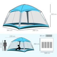 Outsunny Tente de camping familiale - tente dôme 8 personnes tente dôme étanche légère ventilée facile à monter avec sac de transport 4 parois en maille - dim. 360L x 360l x 220H cm bleu clair(m-3)