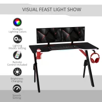 HOMCOM 1.2m Gaming Desk w/ RGB Light Steel Frame | Racing Style Computer Table w/ Cup Holder Headphone Cable Management | Study Workstation Home Bedroom - Black(m-5)